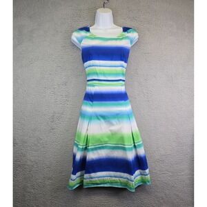 Alex Marie Dress Women's Size 2 Blue Green‎ Striped Fit and Flare Pleated Beach
